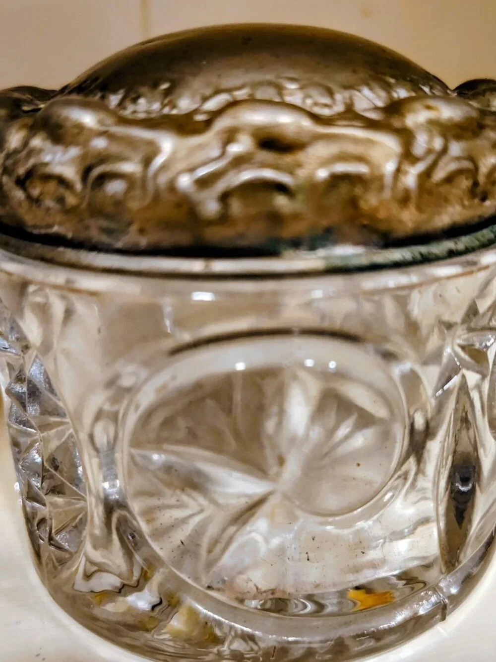 Antique 1880-1890 Ornate Cut Glass Jar With Silver Lid
